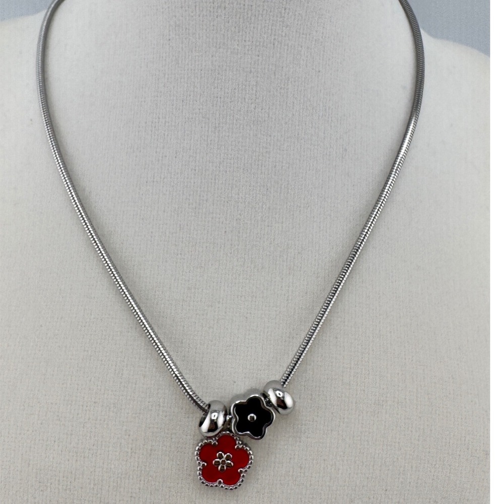 Silver Tone Snake Chain Necklace Red Black Flower Charm Enamel Pendant TTM